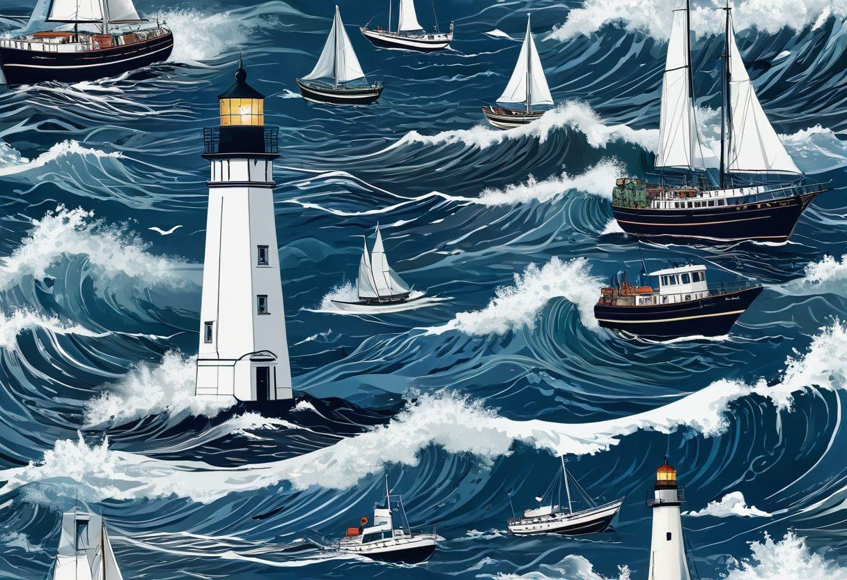 An intricate illustration of a sailor navigating through turbulent waves, surrounded by various types of boats—yacht, fishing boat, and motorboat—each labeled with their corresponding insurance types. In the background, a lighthouse beams guiding light, symbolizing protection and safety. The ocean is a blend of deep blues and foamy whites, adding a sense of movement and drama. super-realistic. vibrant colors. white background.