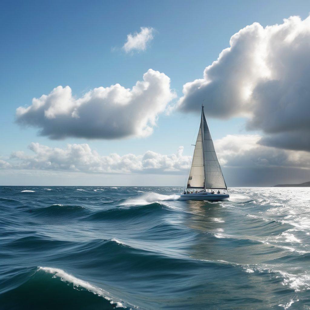 A split scene showcasing a vibrant sailboat gracefully gliding across calm waters on one side and a sleek powerboat speeding through choppy waves on the other. The background features a clear sky with fluffy clouds, and both boats have detailed coverage charts and maps floating nearby to symbolize insurance options. This composition should convey a sense of adventure and clarity. super-realistic. vibrant colors. white background.