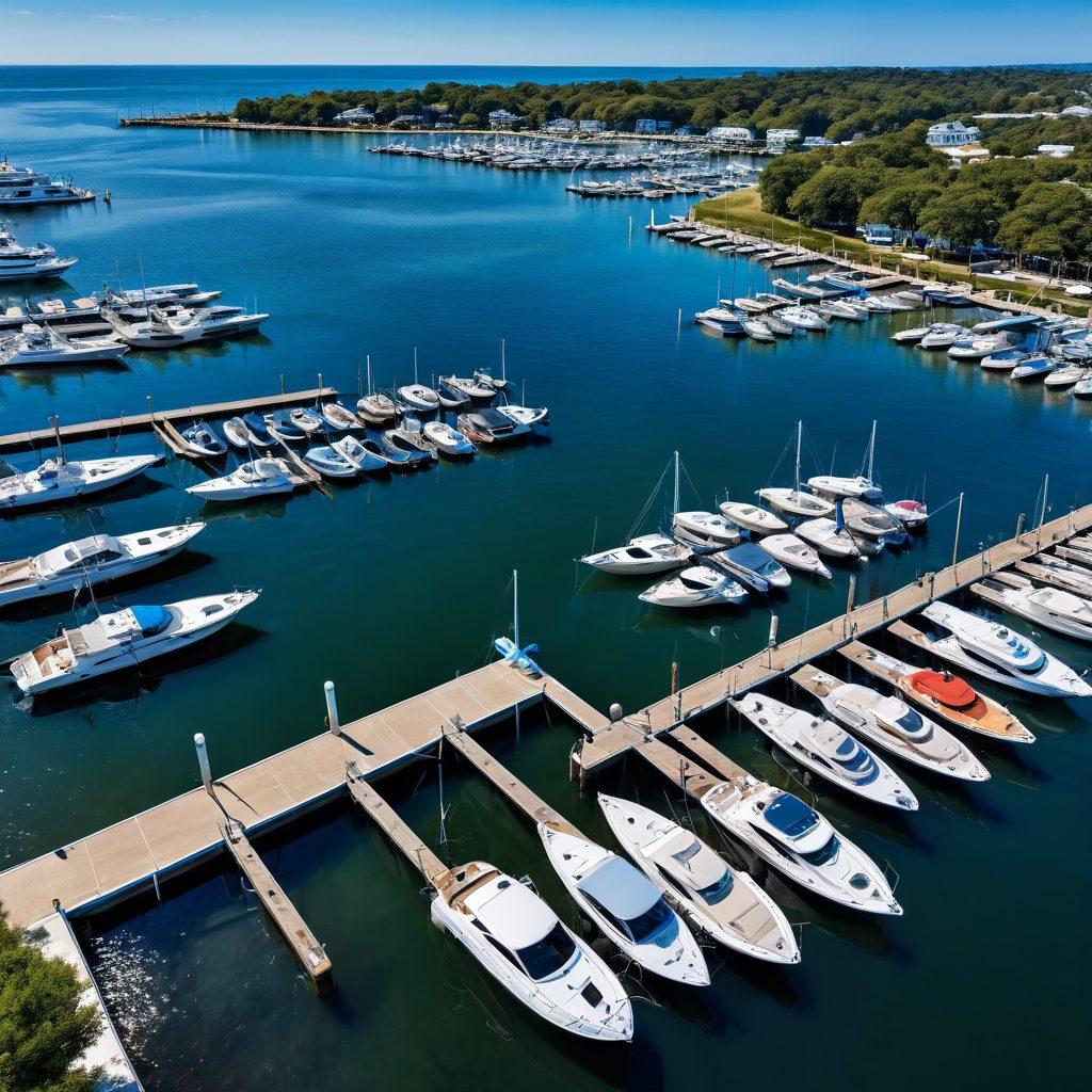 An expansive view of a serene marina with various boats docked, while a knowledgeable insurance agent reviews documents by the water's edge. Include elements like waves lapping against the boats and a bright blue sky overhead. Add visual cues like insurance documents or a life jacket to emphasize the marine theme. super-realistic. vibrant colors. sunlight reflecting on water.